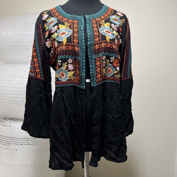 Time For Me Blazer Black Floral Embroidered Open Front Boho S Whinsigoth Aztec - Picture 1 of 11